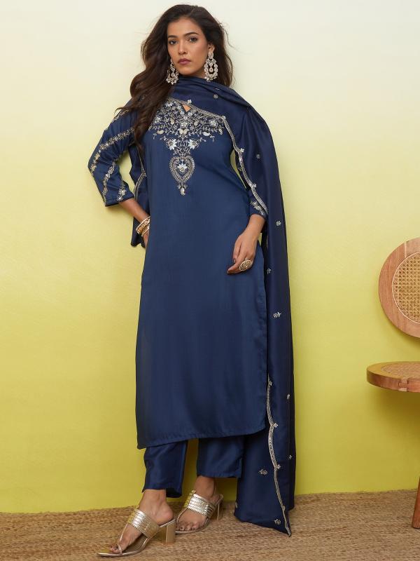 VP 9891 T Women’s Mal chanderi Straight Kurta Pent Dupatta Sets  | 3pcs Ethnic Set